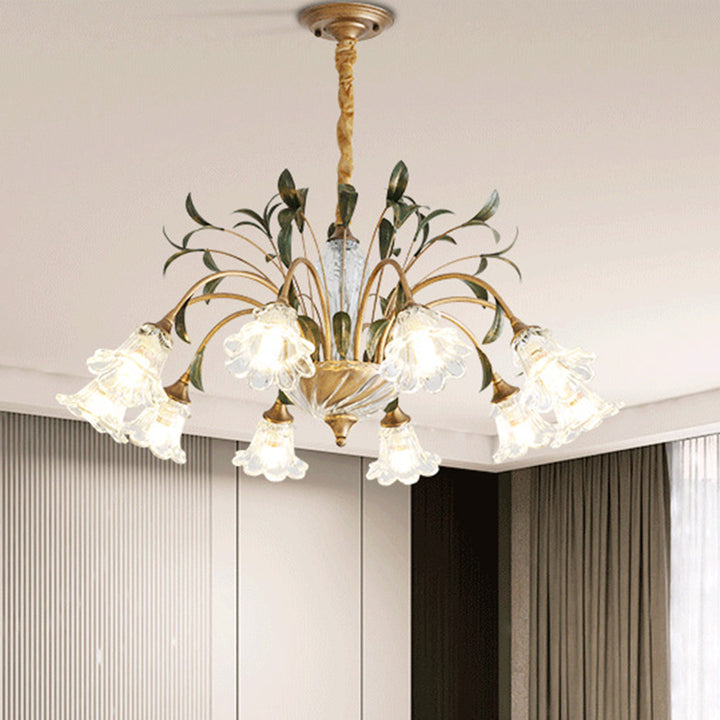 Traditional Vintage Floral Rustic Leaf Round Branch Glass Iron 4/6/8/10 Light Chandelier For Living Room