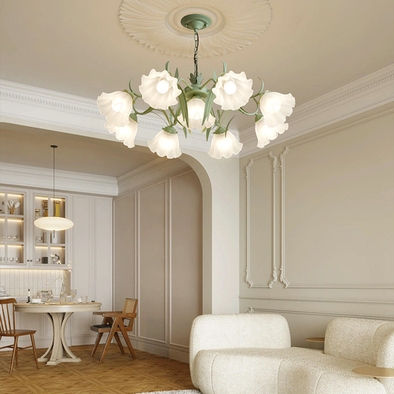 Traditionelle französische Glockenblume Zweig Blatt Glas Eisen 7/9 Licht Kronleuchter für Wohnzimmer 