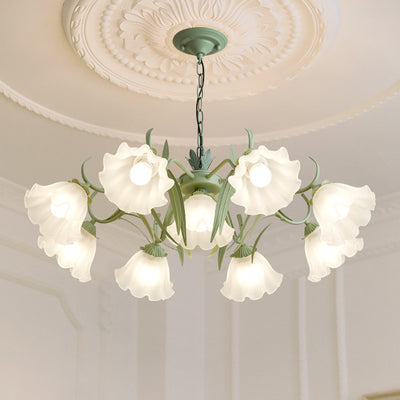 Traditionelle französische Glockenblume Zweig Blatt Glas Eisen 7/9 Licht Kronleuchter für Wohnzimmer 