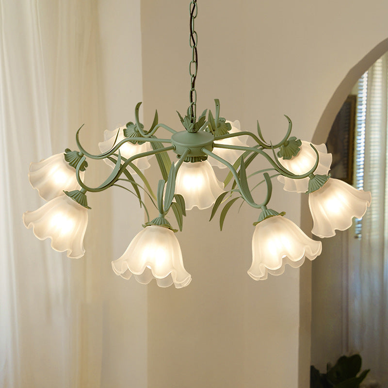 Traditionelle französische Glockenblume Zweig Blatt Glas Eisen 7/9 Licht Kronleuchter für Wohnzimmer 