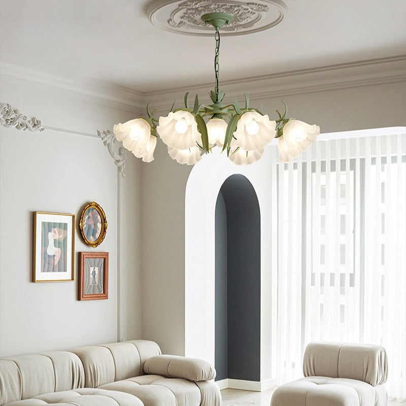 Traditionelle französische Glockenblume Zweig Blatt Glas Eisen 7/9 Licht Kronleuchter für Wohnzimmer 