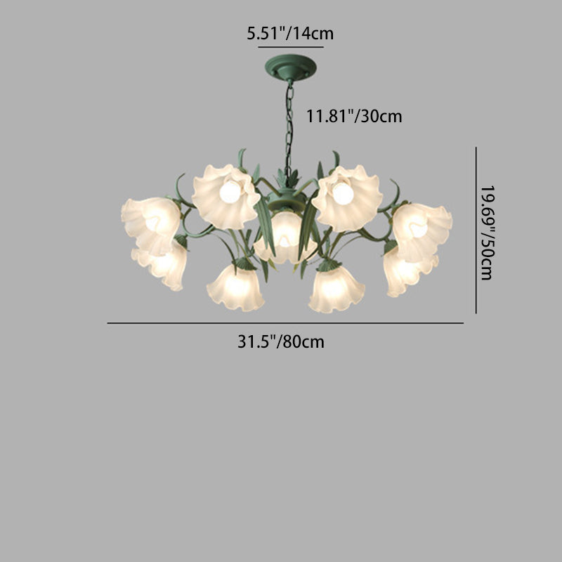 Traditionelle französische Glockenblume Zweig Blatt Glas Eisen 7/9 Licht Kronleuchter für Wohnzimmer 