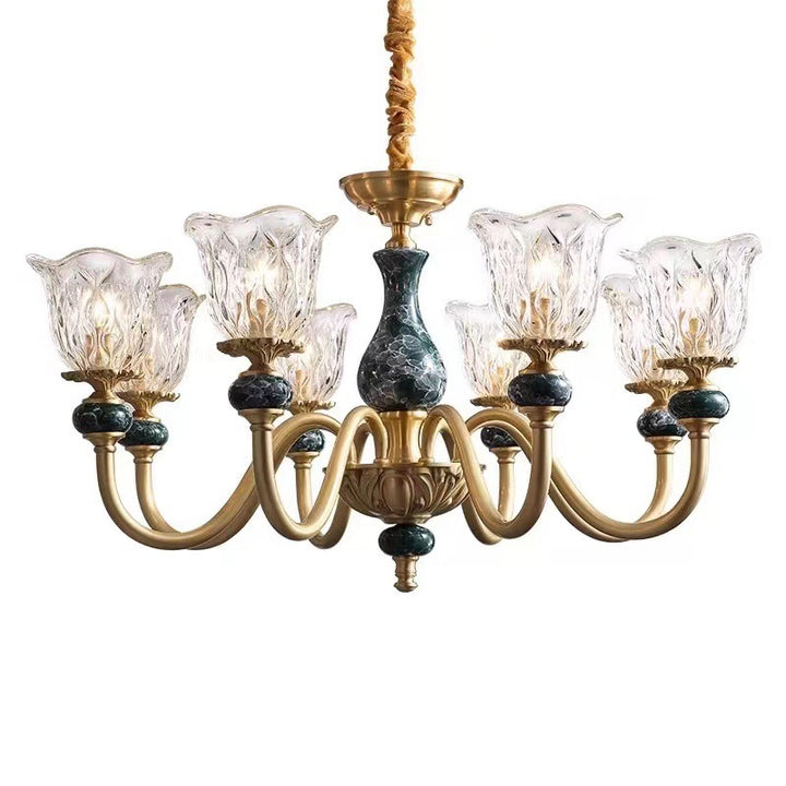 Traditional Vintage Branch Flower Round Glass Brass Ceramic 3/6/8 Light Chandelier For Living Room