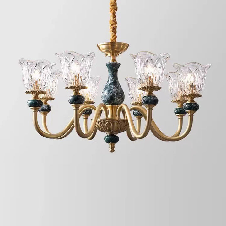 Traditional Vintage Branch Flower Round Glass Brass Ceramic 3/6/8 Light Chandelier For Living Room