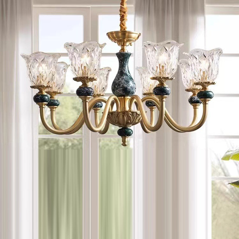 Traditional Vintage Branch Flower Round Glass Brass Ceramic 3/6/8 Light Chandelier For Living Room