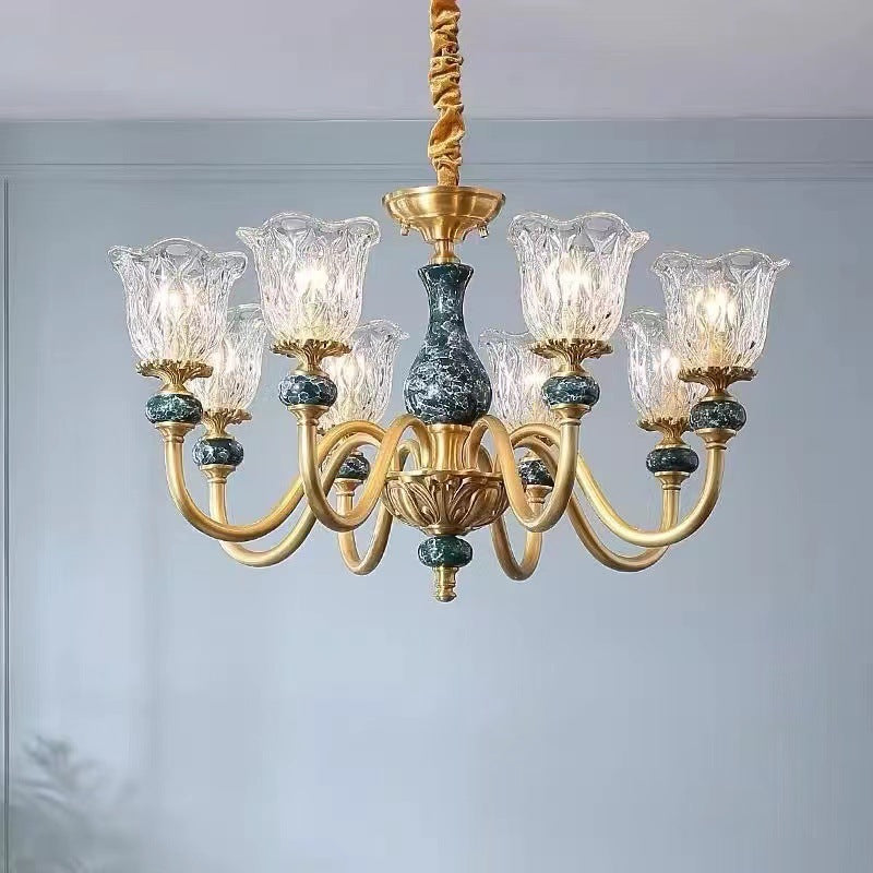 Traditional Vintage Branch Flower Round Glass Brass Ceramic 3/6/8 Light Chandelier For Living Room
