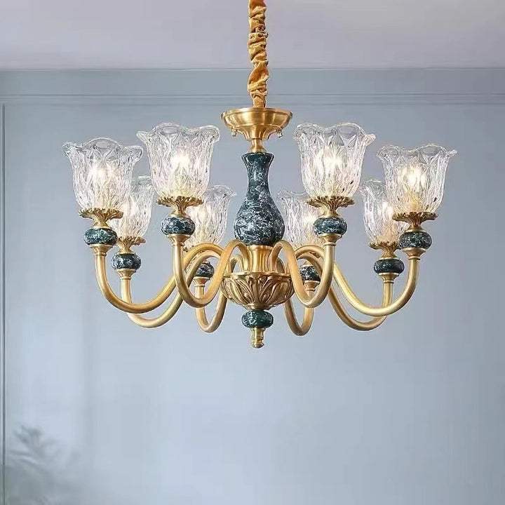Traditional Vintage Branch Flower Round Glass Brass Ceramic 3/6/8 Light Chandelier For Living Room