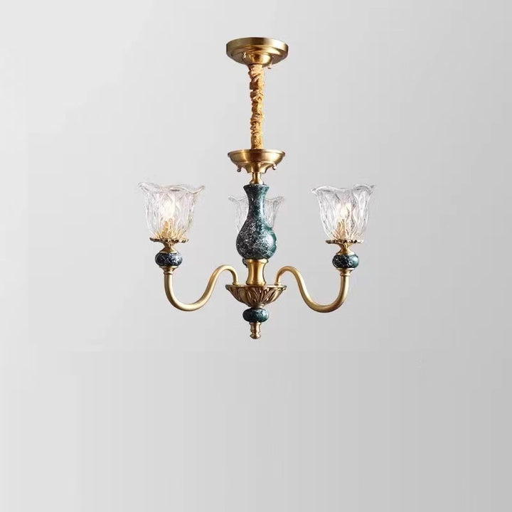 Traditional Vintage Branch Flower Round Glass Brass Ceramic 3/6/8 Light Chandelier For Living Room