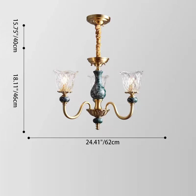 Traditional Vintage Branch Flower Round Glass Brass Ceramic 3/6/8 Light Chandelier For Living Room