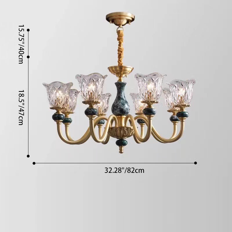 Traditional Vintage Branch Flower Round Glass Brass Ceramic 3/6/8 Light Chandelier For Living Room