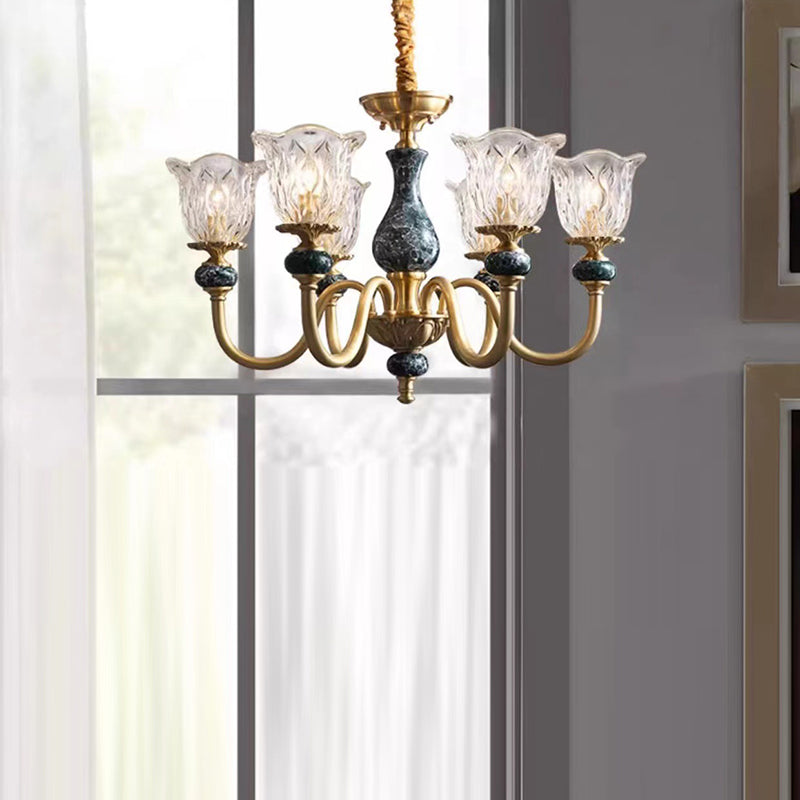 Traditional Vintage Branch Flower Round Glass Brass Ceramic 3/6/8 Light Chandelier For Living Room