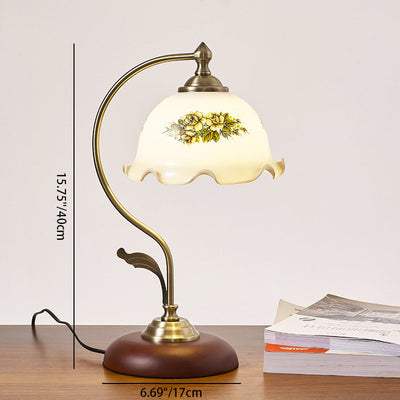 Lampe de Table 1 Lumière en Verre Rond Courbé Traditionnel Chinois avec Fleur de Lotus en Bois Massif pour Salon 