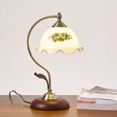 Lampe de Table 1 Lumière en Verre Rond Courbé Traditionnel Chinois avec Fleur de Lotus en Bois Massif pour Salon 