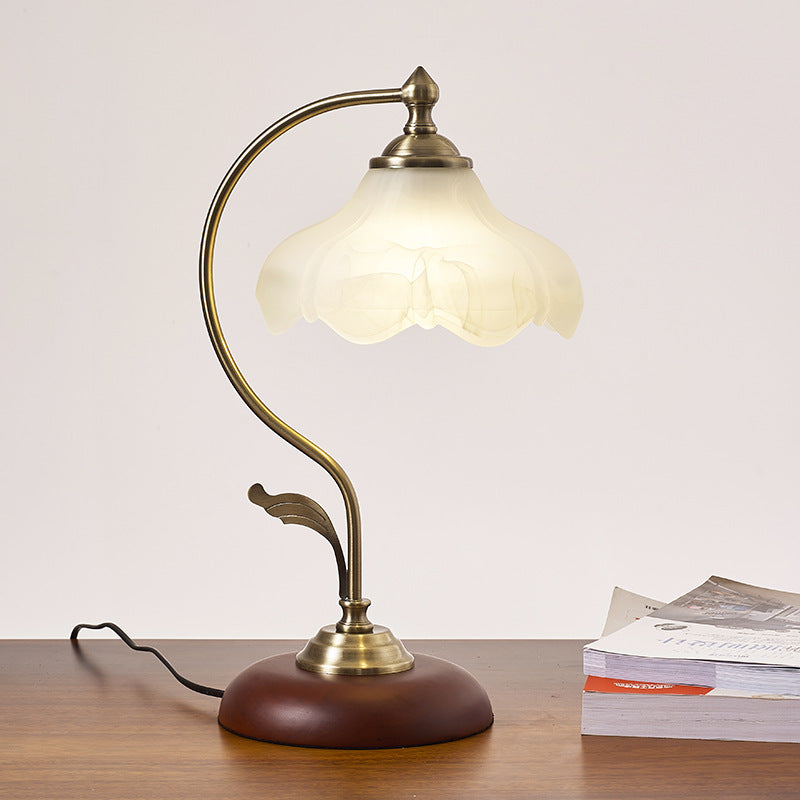 Lampe de Table 1 Lumière en Verre Rond Courbé Traditionnel Chinois avec Fleur de Lotus en Bois Massif pour Salon 
