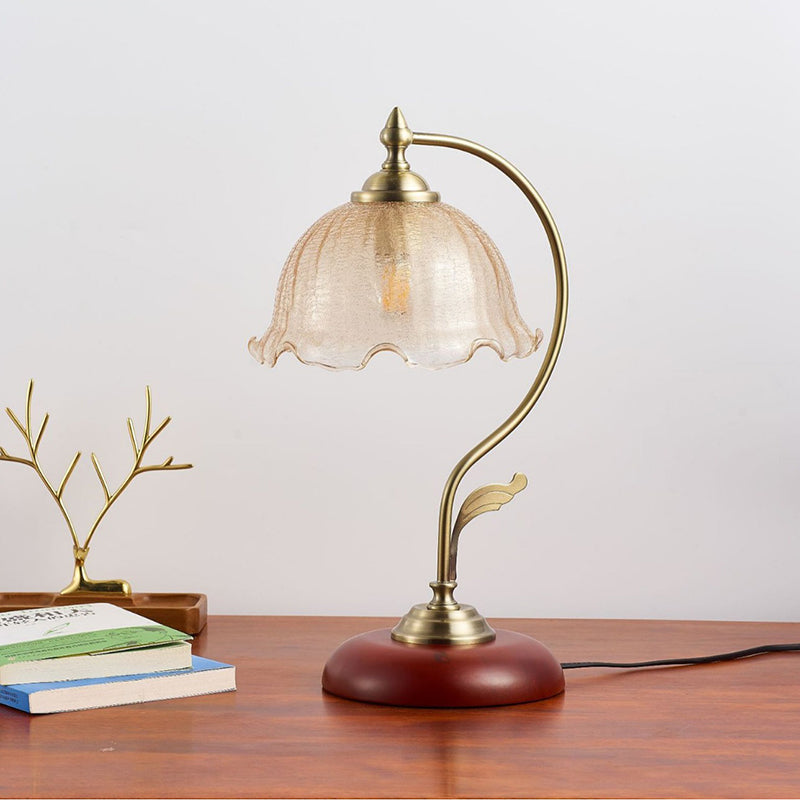Lampe de Table 1 Lumière en Verre Rond Courbé Traditionnel Chinois avec Fleur de Lotus en Bois Massif pour Salon 