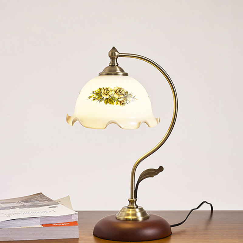 Lampe de Table 1 Lumière en Verre Rond Courbé Traditionnel Chinois avec Fleur de Lotus en Bois Massif pour Salon 