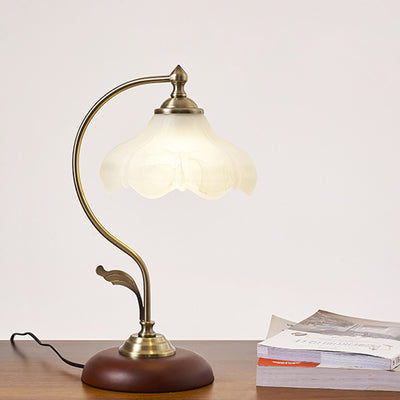 Lampe de Table 1 Lumière en Verre Rond Courbé Traditionnel Chinois avec Fleur de Lotus en Bois Massif pour Salon 