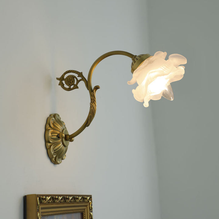 Lámpara de Aplique de Pared de 1 Luz de Latón y Vidrio Floral Rosa Tradicional Francesa para Sala de Estar 