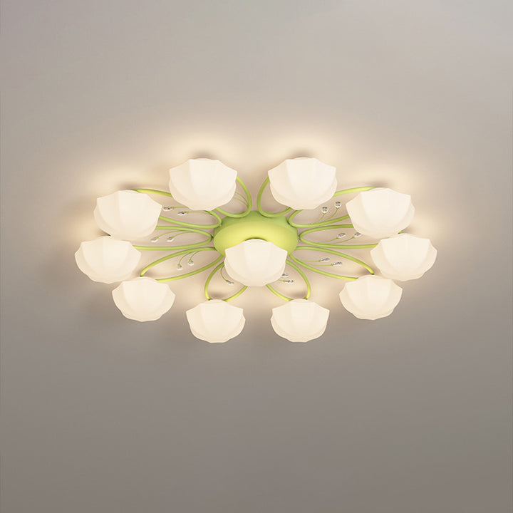Contemporary Scandinavian Branch Round Pumpkin Glass Iron 4/7/9/11 Light Semi-Flush Mount Ceiling Light For Bedroom