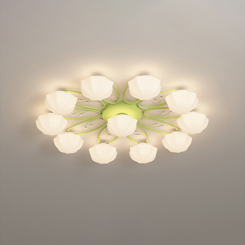 Zeitgenössische skandinavische Zweig Runde Kürbis Glas Eisen 4/7/9/11 Licht Semi-Flush Deckenleuchte für Schlafzimmer 