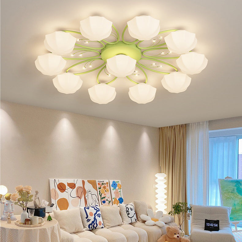 Zeitgenössische skandinavische Zweig Runde Kürbis Glas Eisen 4/7/9/11 Licht Semi-Flush Deckenleuchte für Schlafzimmer 