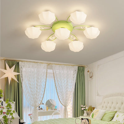 Zeitgenössische skandinavische Zweig Runde Kürbis Glas Eisen 4/7/9/11 Licht Semi-Flush Deckenleuchte für Schlafzimmer 