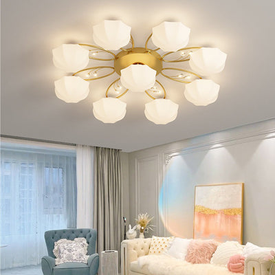 Zeitgenössische skandinavische Zweig Runde Kürbis Glas Eisen 4/7/9/11 Licht Semi-Flush Deckenleuchte für Schlafzimmer 