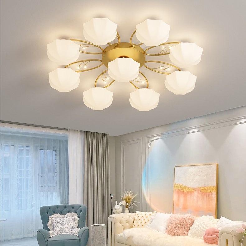 Zeitgenössische skandinavische Zweig Runde Kürbis Glas Eisen 4/7/9/11 Licht Semi-Flush Deckenleuchte für Schlafzimmer 