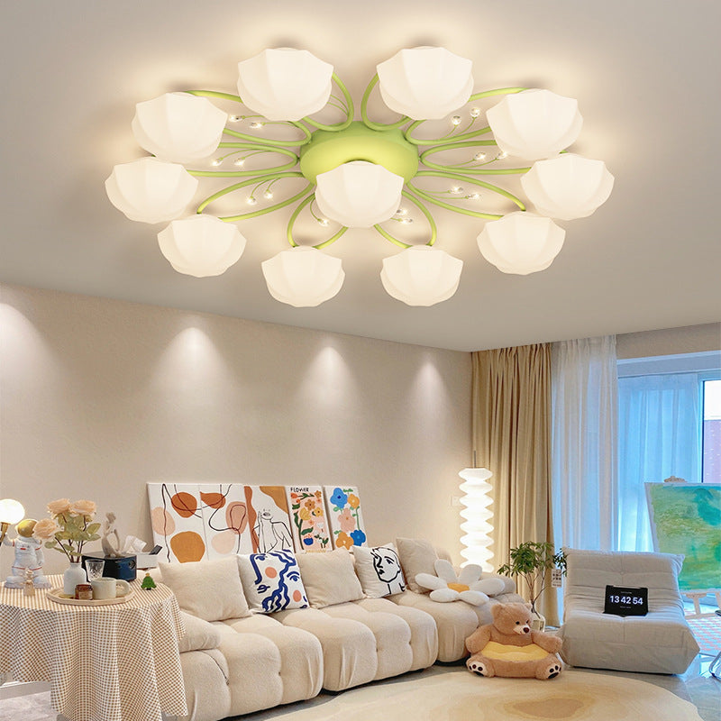 Zeitgenössische skandinavische Zweig Runde Kürbis Glas Eisen 4/7/9/11 Licht Semi-Flush Deckenleuchte für Schlafzimmer 