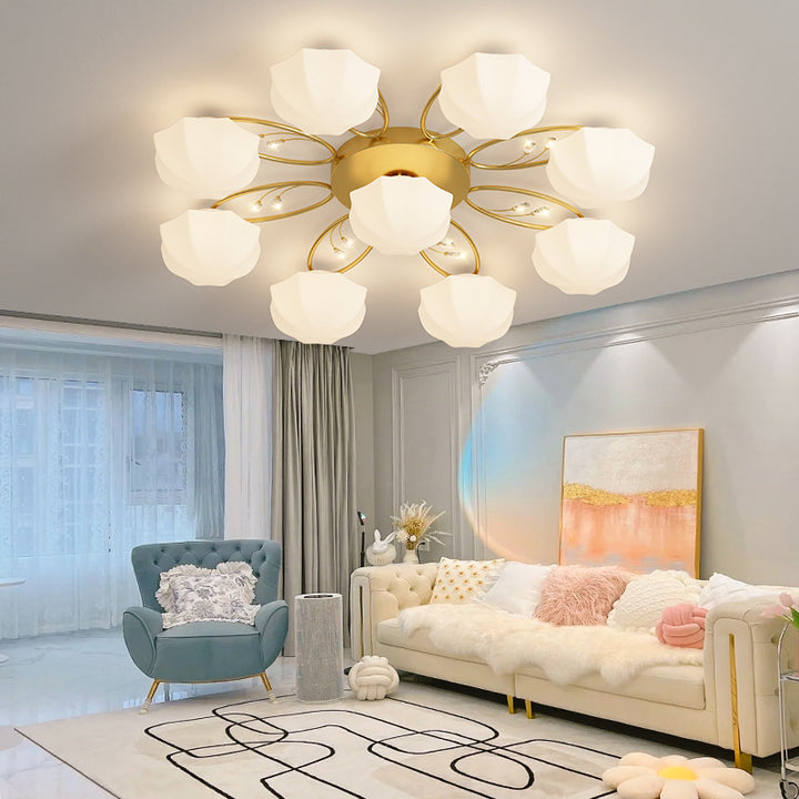 Contemporary Scandinavian Branch Round Pumpkin Glass Iron 4/7/9/11 Light Semi-Flush Mount Ceiling Light For Bedroom