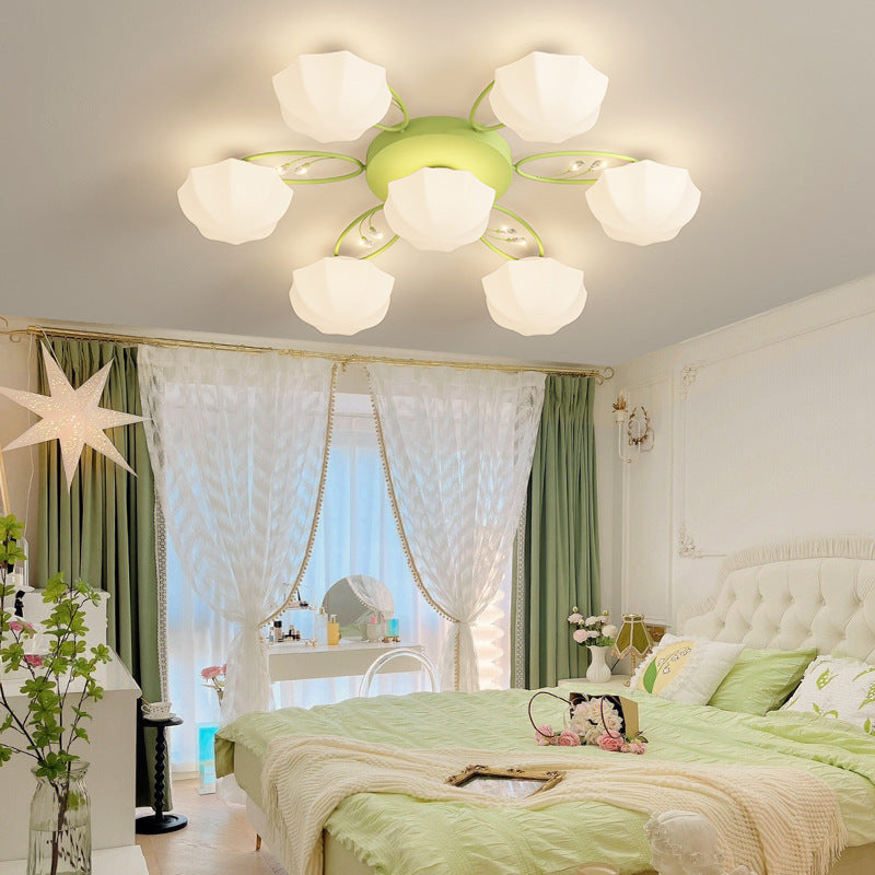 Contemporary Scandinavian Branch Round Pumpkin Glass Iron 4/7/9/11 Light Semi-Flush Mount Ceiling Light For Bedroom