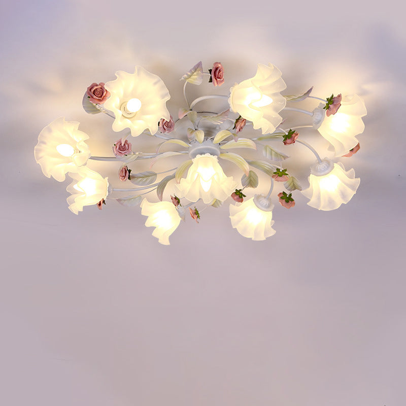 Modern Art Deco Rose Flower Leaf Glass Iron 4/6/7/9/11 Light Semi-Flush Mount Ceiling Light For Bedroom