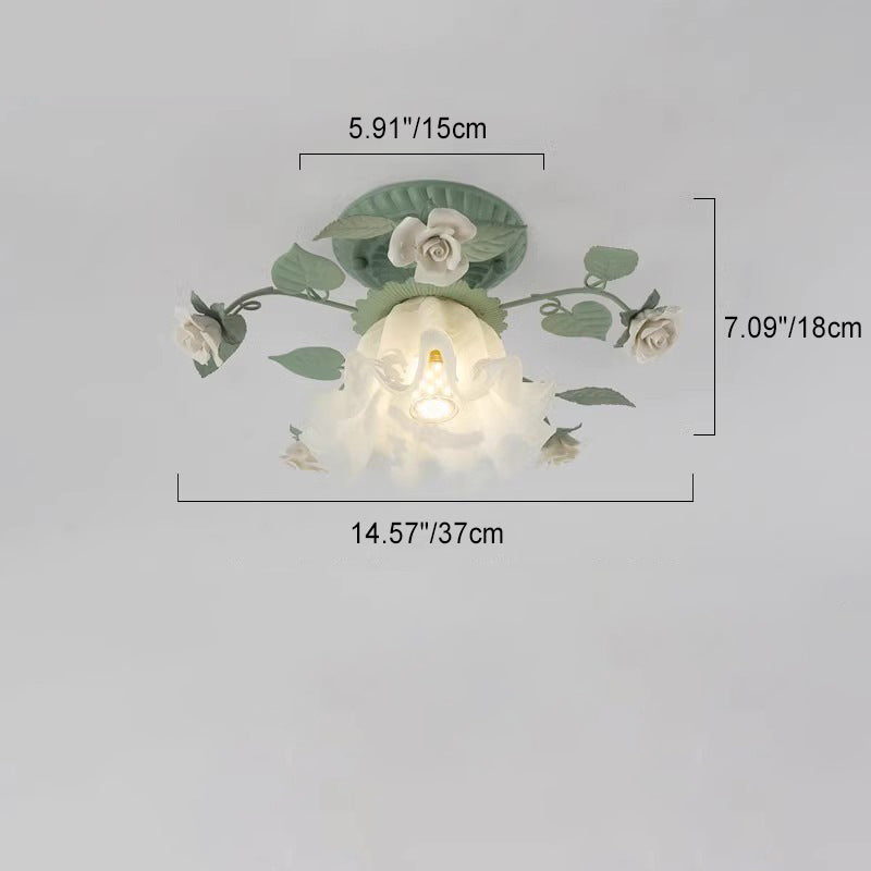 Traditional French Bellflower Glass Ceramic Iron 1-Light Semi-Flush Mount Ceiling Light For Living Room