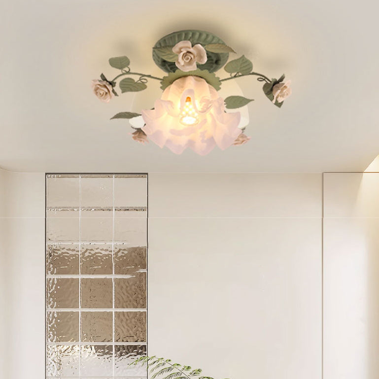 Traditional French Bellflower Glass Ceramic Iron 1-Light Semi-Flush Mount Ceiling Light For Living Room