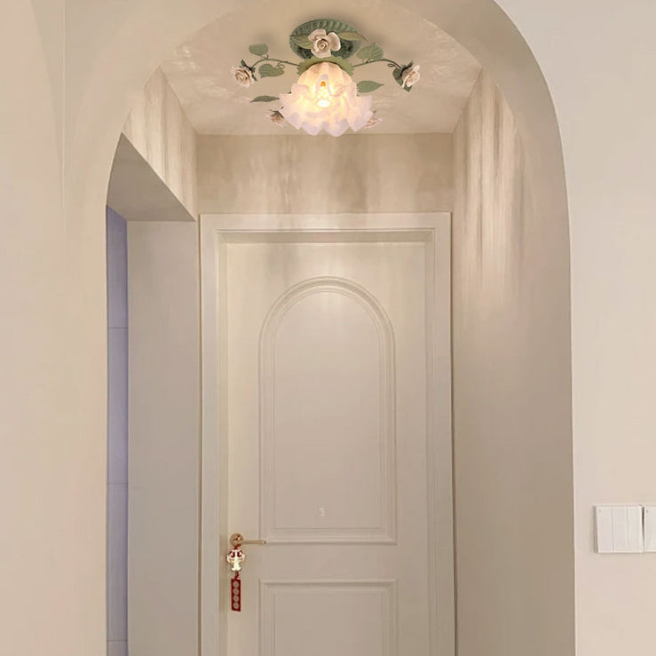 Traditional French Bellflower Glass Ceramic Iron 1-Light Semi-Flush Mount Ceiling Light For Living Room