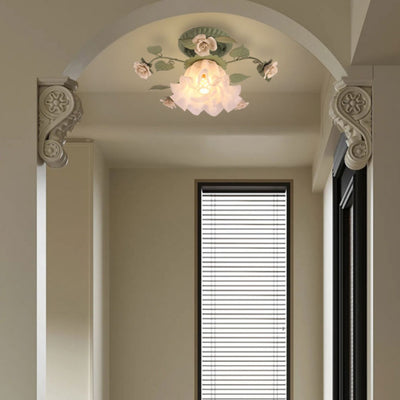 Traditional French Bellflower Glass Ceramic Iron 1-Light Semi-Flush Mount Ceiling Light For Living Room