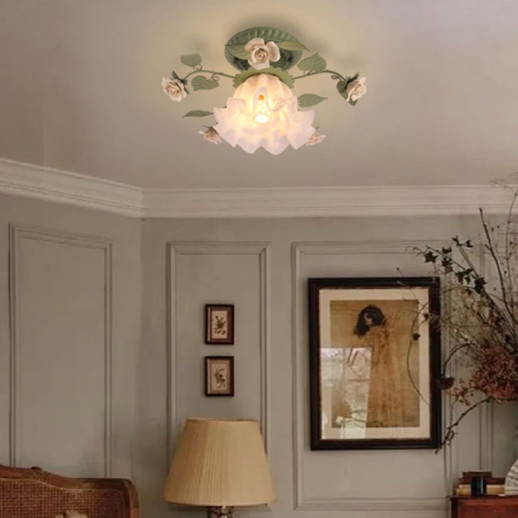 Traditional French Bellflower Glass Ceramic Iron 1-Light Semi-Flush Mount Ceiling Light For Living Room
