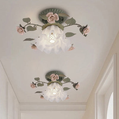 Traditional French Bellflower Glass Ceramic Iron 1-Light Semi-Flush Mount Ceiling Light For Living Room