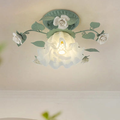 Traditional French Bellflower Glass Ceramic Iron 1-Light Semi-Flush Mount Ceiling Light For Living Room