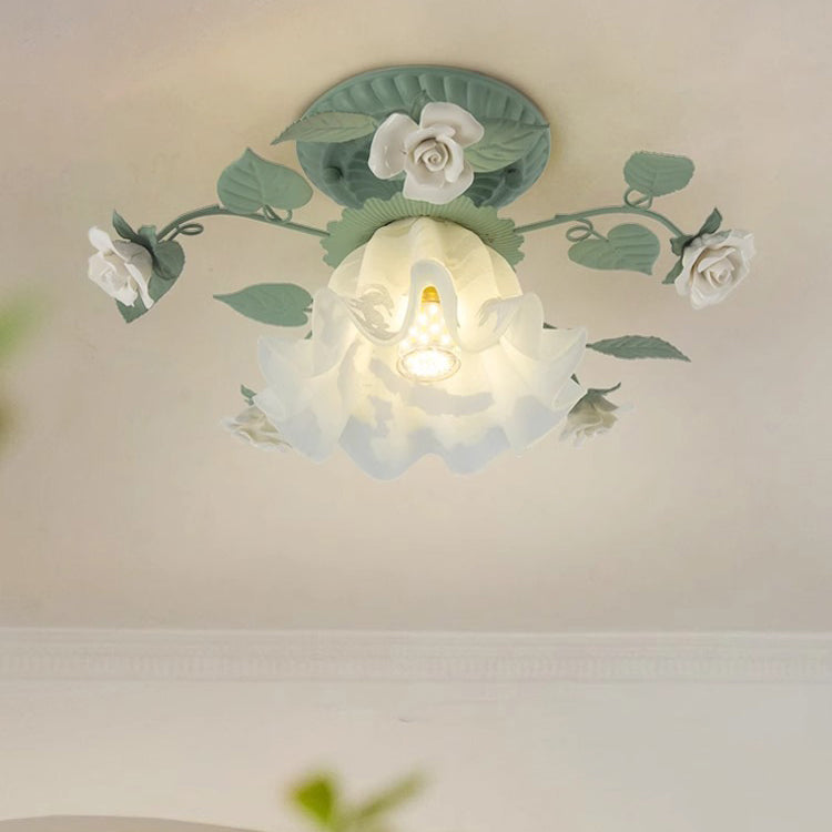 Traditional French Bellflower Glass Ceramic Iron 1-Light Semi-Flush Mount Ceiling Light For Living Room