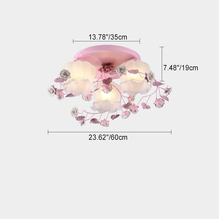 Luz de techo semi-empotrada de 3/5 luces de hierro y vidrio con diseño floral tradicional francés para sala de estar 