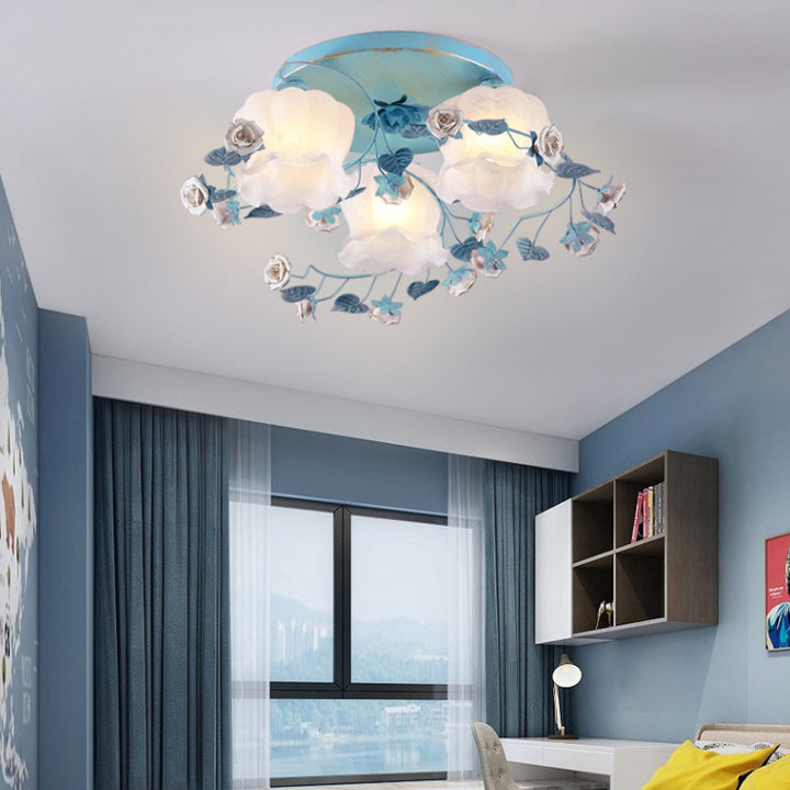 Luz de techo semi-empotrada de 3/5 luces de hierro y vidrio con diseño floral tradicional francés para sala de estar 