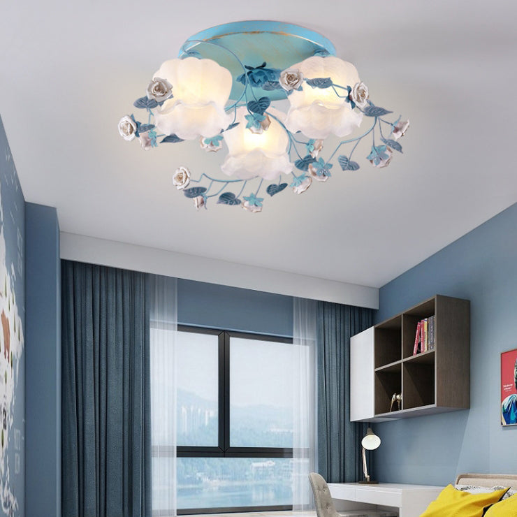 Traditionelle französische florale Rose Gras Glas Eisen 3/5 Licht Semi-Flush Deckenleuchte für Wohnzimmer 