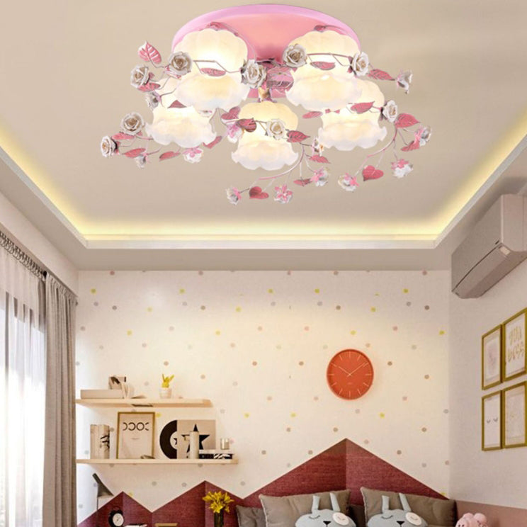 Traditionelle französische florale Rose Gras Glas Eisen 3/5 Licht Semi-Flush Deckenleuchte für Wohnzimmer 