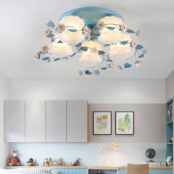 Traditionelle französische florale Rose Gras Glas Eisen 3/5 Licht Semi-Flush Deckenleuchte für Wohnzimmer 