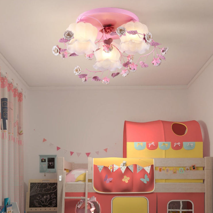 Traditionelle französische florale Rose Gras Glas Eisen 3/5 Licht Semi-Flush Deckenleuchte für Wohnzimmer 