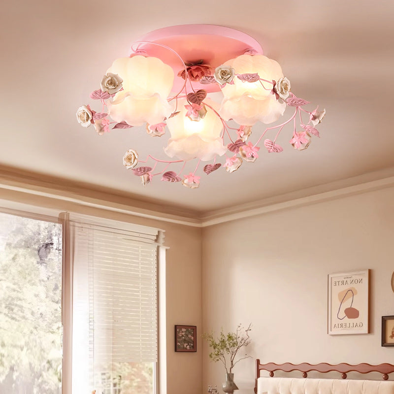 Traditionelle französische florale Rose Gras Glas Eisen 3/5 Licht Semi-Flush Deckenleuchte für Wohnzimmer 