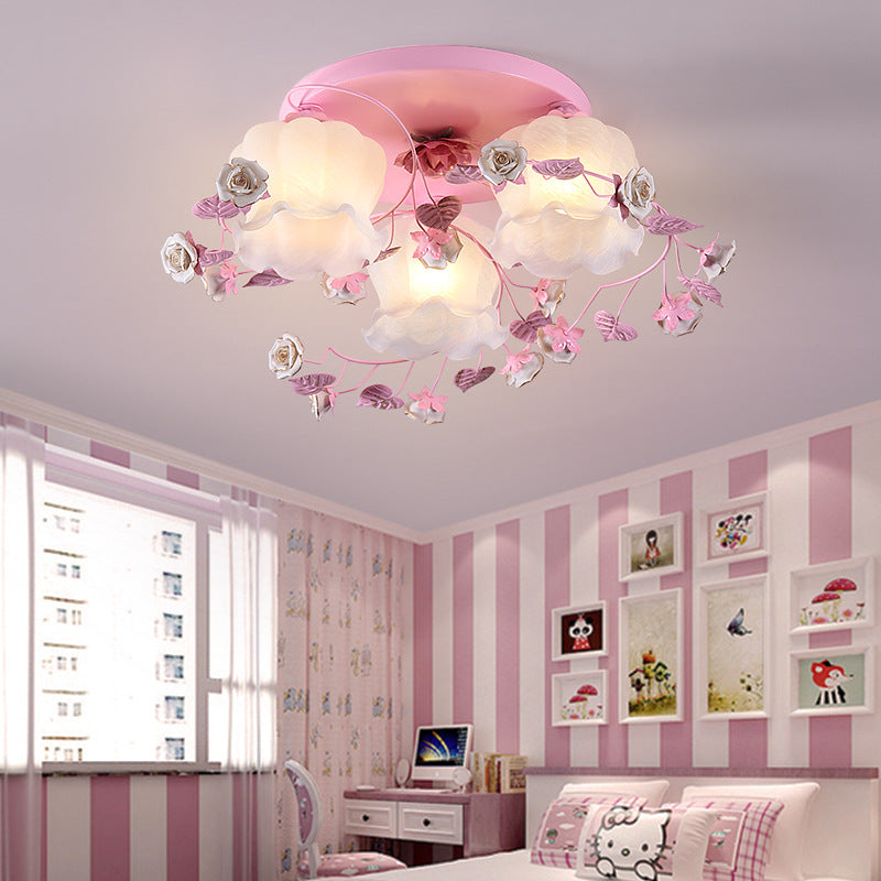 Traditionelle französische florale Rose Gras Glas Eisen 3/5 Licht Semi-Flush Deckenleuchte für Wohnzimmer 