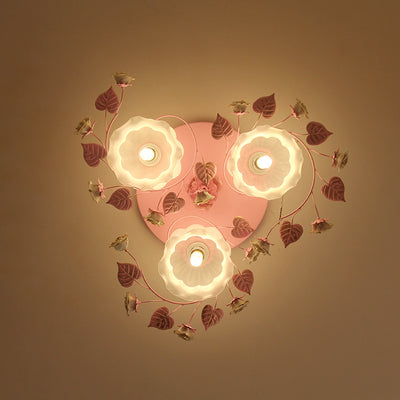 Traditionelle französische florale Rose Gras Glas Eisen 3/5 Licht Semi-Flush Deckenleuchte für Wohnzimmer 
