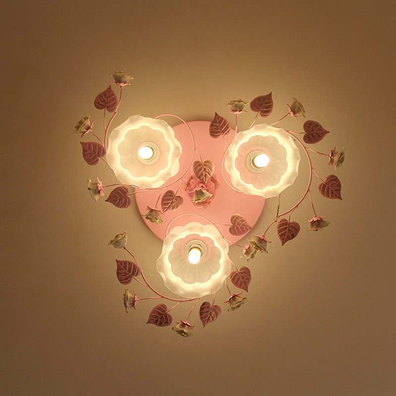 Traditionelle französische florale Rose Gras Glas Eisen 3/5 Licht Semi-Flush Deckenleuchte für Wohnzimmer 